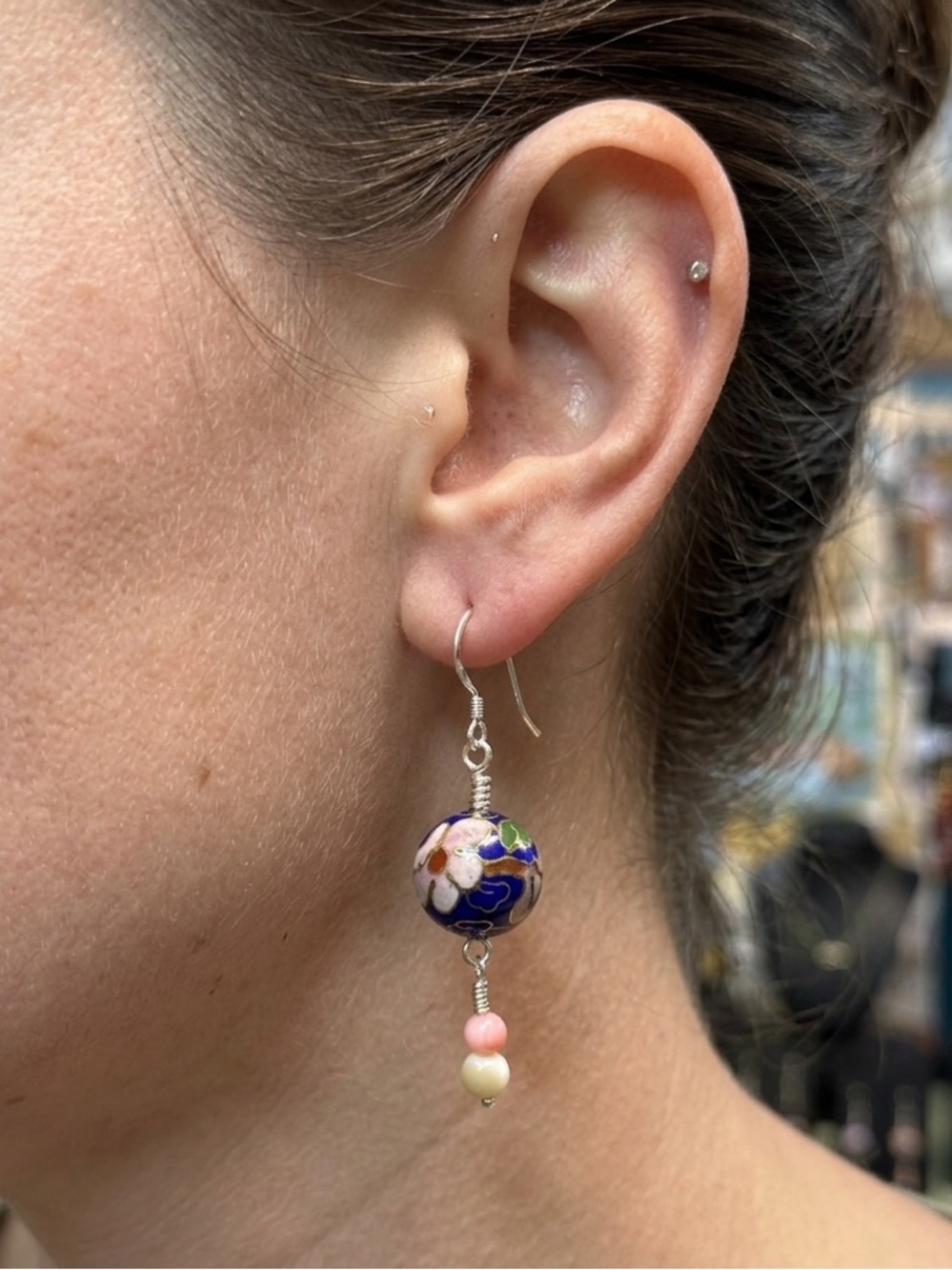 Artisan Vintage Blue Cloisonné Hand Wrapped Mother of Pearl 925 Silver Earrings